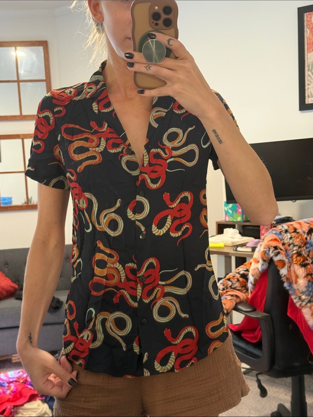Black Button-Down Short Sleeve Shirt with Red & Gold Snake Print